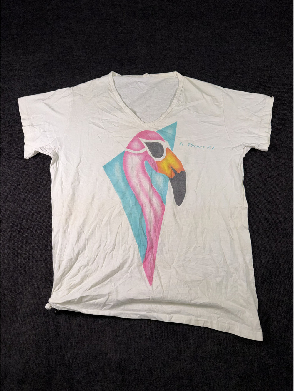 Vintage White Cotton T-Shirt with Colorful Flamingo Graphic, One Size Fits All